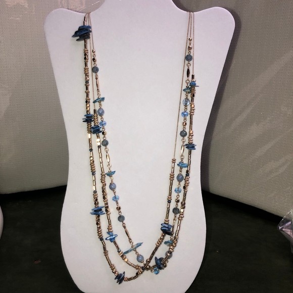Very Long Triple Strand Goldtone & Blue Painted Shells Necklace 36” - Picture 2 of 12